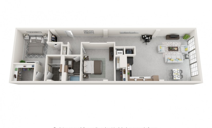 The Olmsted 2 bedroom and 2 bathroom 3D apartment floorplan at Flats at Ponce City Market