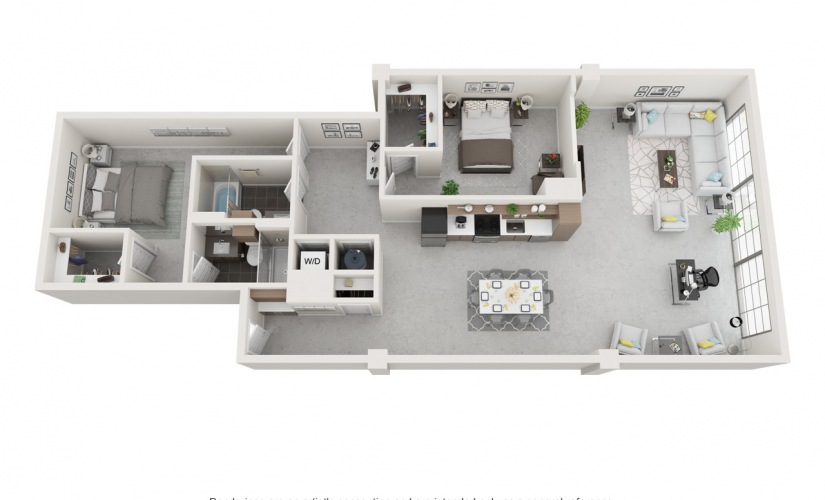 The Peachtree 2 bedroom and 1 bathroom 3D apartment floorplan at Flats at Ponce City Market