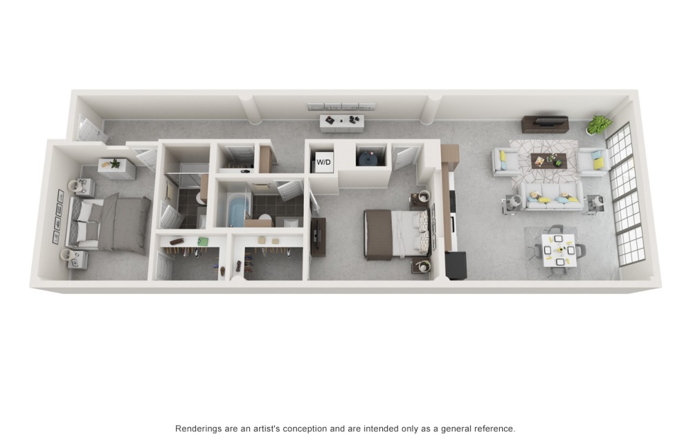 The Spiller 2 bedroom and 2 bathroom 3D apartment floorplan at Flats at Ponce City Market