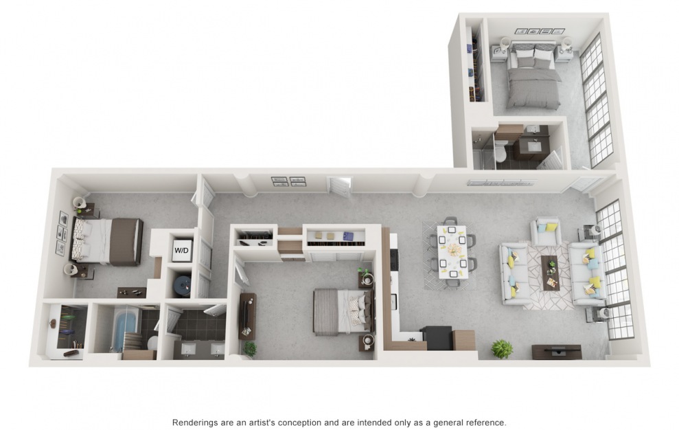 The Centennial 3 bedroom and 2 bathroom 3D apartment floorplan at Flats at Ponce City Market