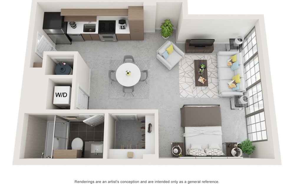 The Sears studio apartment with 1 bathroom 3D floorplan at Flats at Ponce City Market