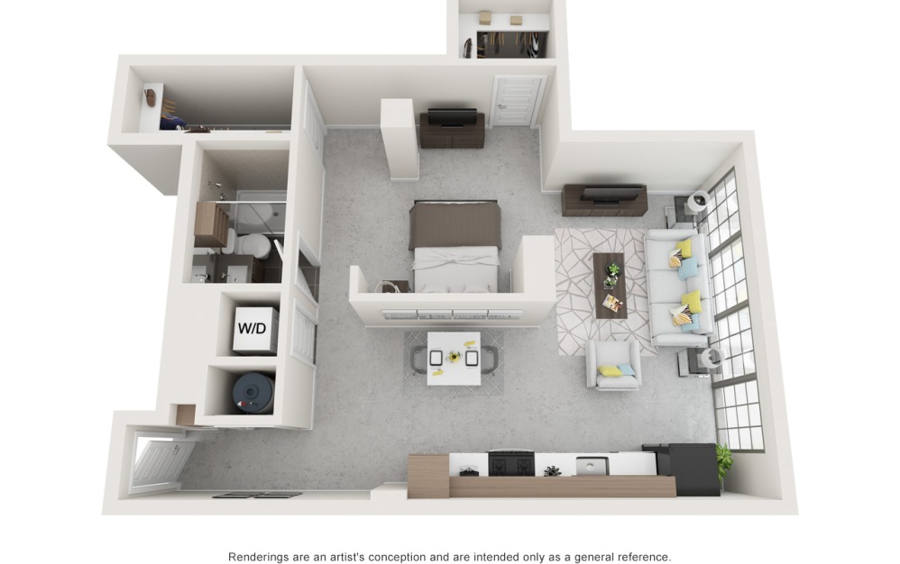 The Iris studio apartment with 1 bathroom 3D floorplan at Flats at Ponce City Market