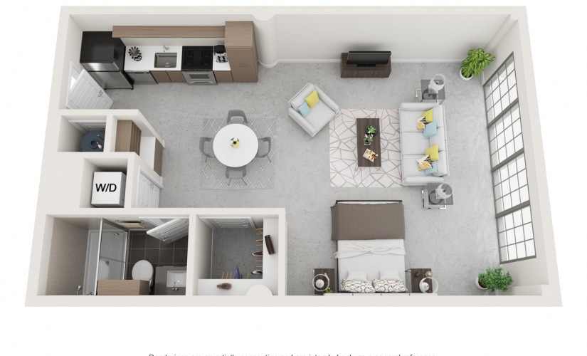 The Howell studio apartment with 1 bathroom 3D floorplan at Flats at Ponce City Market