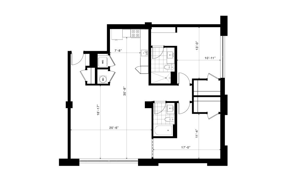 The Phoenix - 2 bedroom floorplan layout with 2 baths and 1265 square feet. (2D)